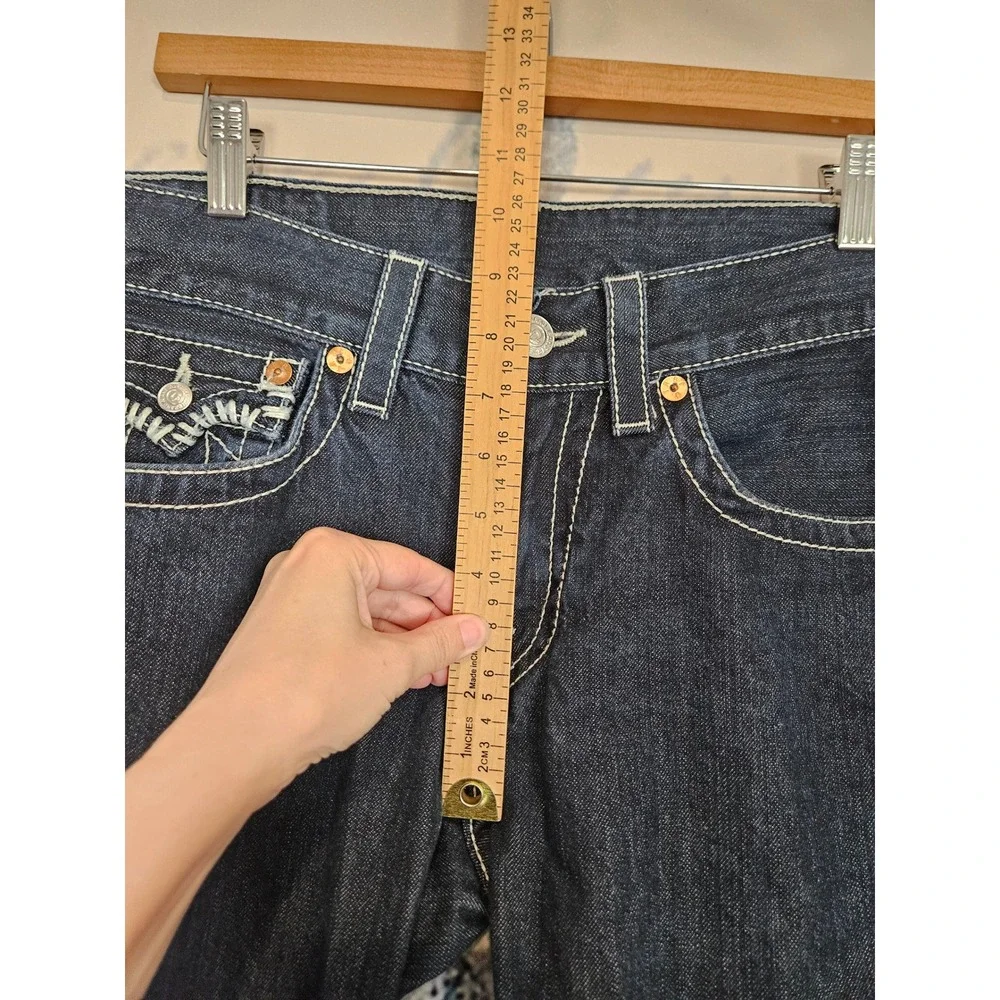 True Religion Super T Straight Leg Jeans 31 Dark Blue White Thick Stitch Y2K
